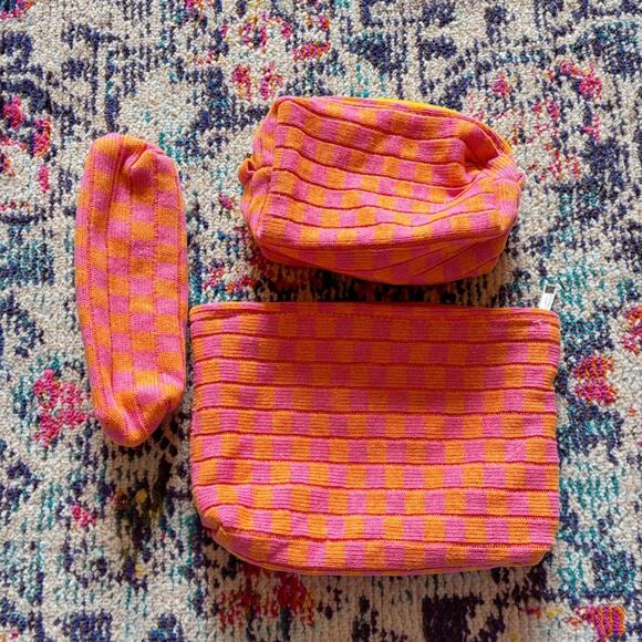 3pcs Checkered Pink & Orange Travel Cosmetics Bag Set 🧡 - Picture 2 of 9